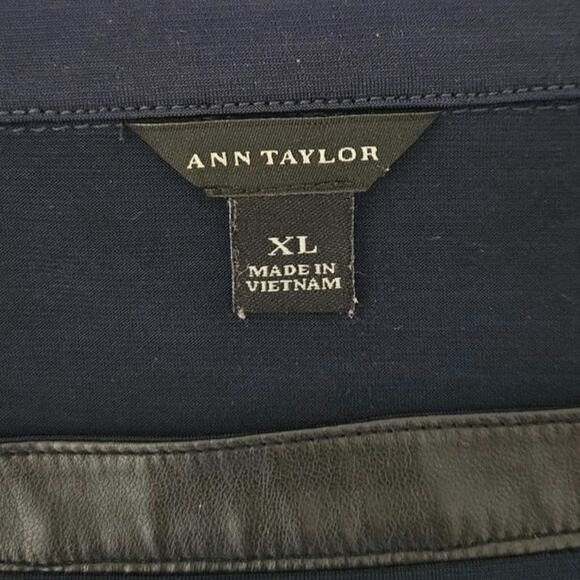 Ann Taylor Blouse Synthetic Black Leather Accents 3/4 Sleeve Navy Women's XLarge - Picture 4 of 6